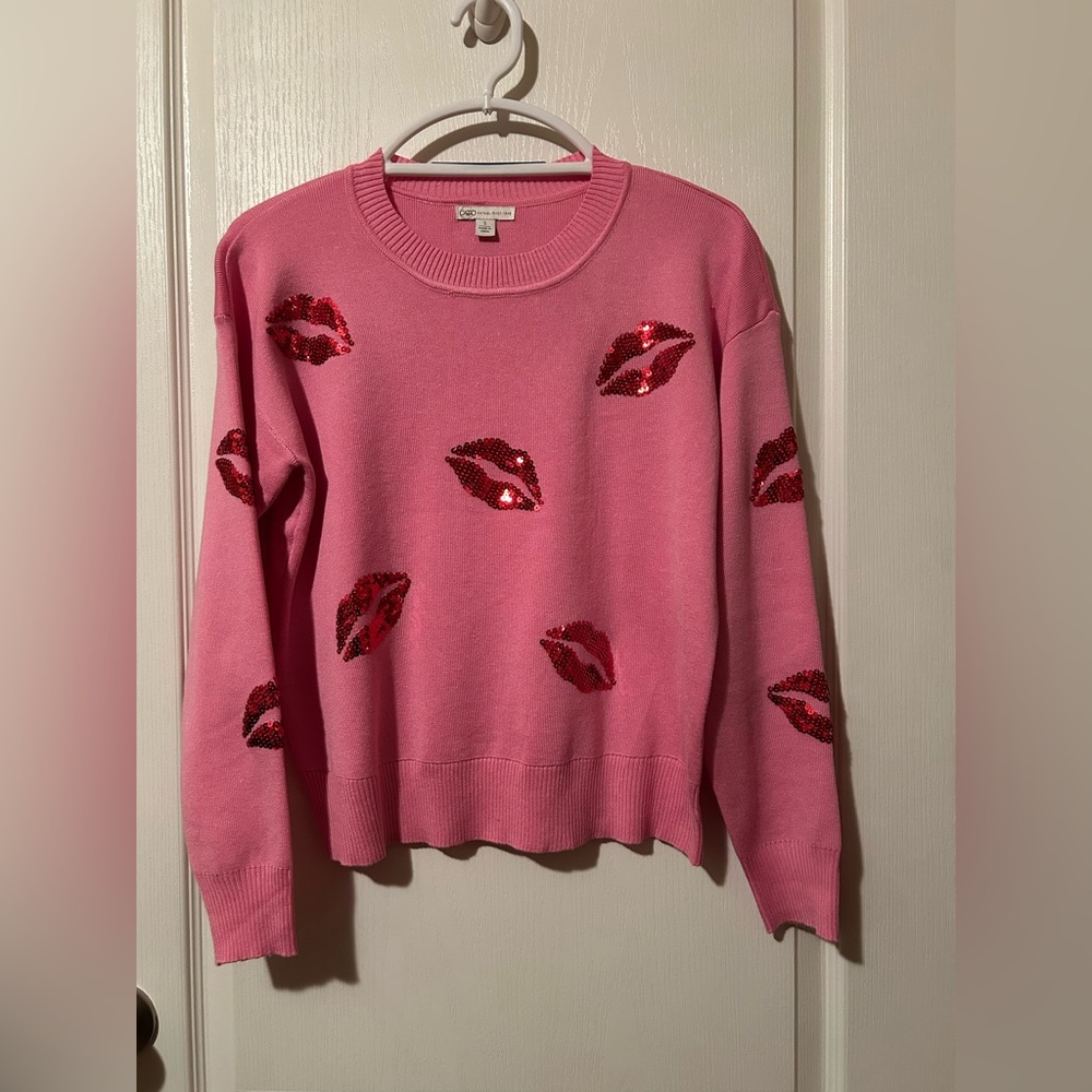 Cato Pink Sweater with Red Sequin Lips